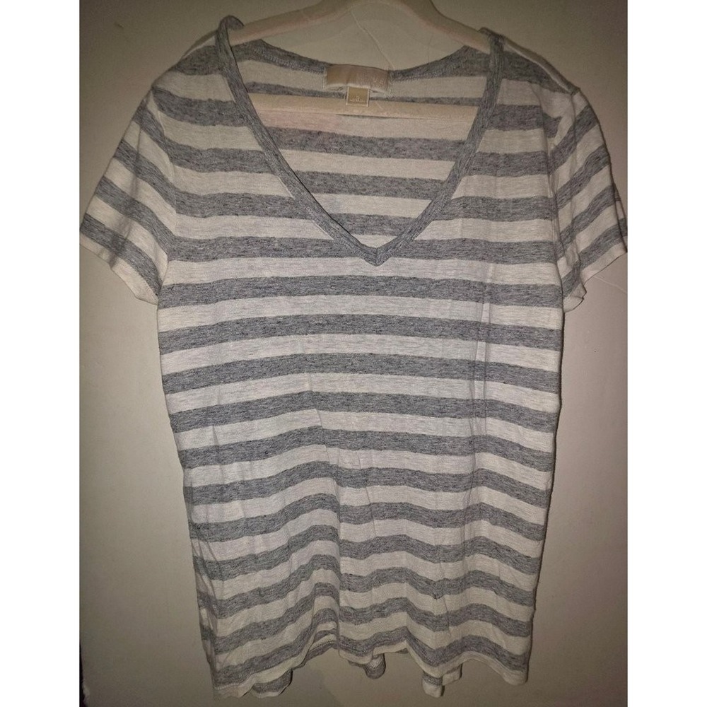 Michael Kors Mens Striped V-Neck T-Shirt Grey White S Short Sleeve Tee